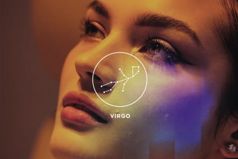 woman looking up to the sky with virgo season symbol overlay woman looking up to the sky with virgo season symbol overlay