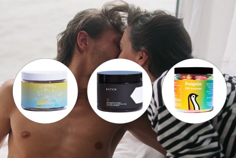 An image of a couple kissing passionately with images of CBD gummy products layered on top. An image of a couple kissing passionately with images of CBD gummy products layered on top.