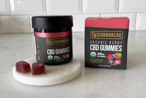 Cornbread Hemp Original Image with product next to box and two gummies displayed